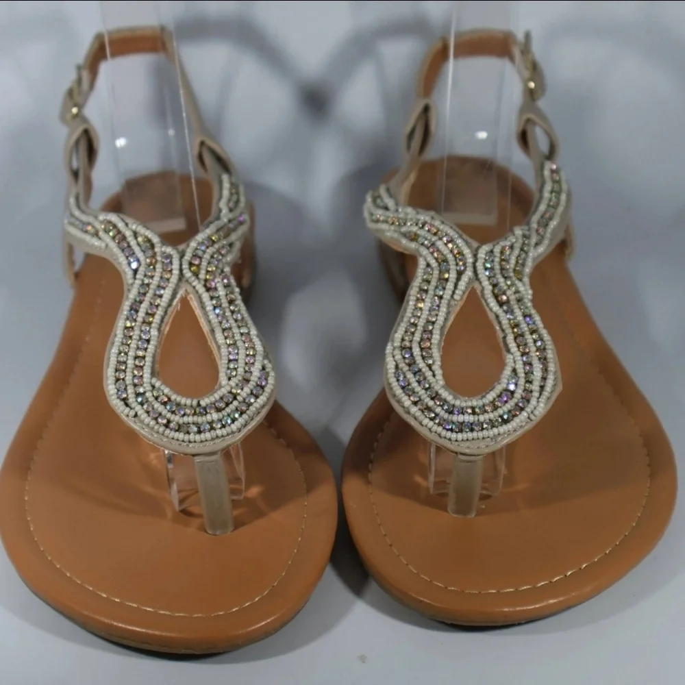 Maurices Beaded Women's Fashion Thong Strappy Sandals, Beige Size 7